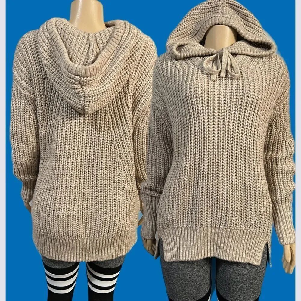 Victorias Secret Oversized Knit Sweater Hooded Pullover with pockets Tan Medium